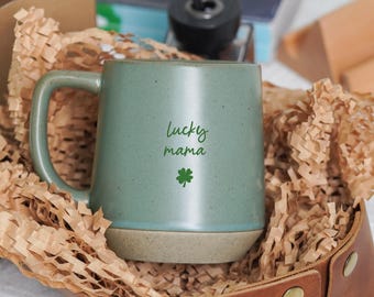 St Patricks Day Pottery Mug,Four Leaf Clover Ceramic Mug,Lucky Mama Gifts for Mom from Son,Irish Gifts for Her,Lucky Papa Gift for Dad JD