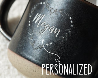 Custom Mug Large Pottery Mug, Personalized Floral Wreath Coffee Mug, Name Mug Engraved Gift Ideas Coffee Mug, 21st Birthday Gift for Her
