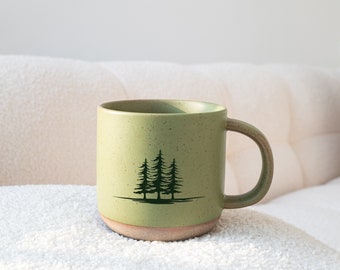 Rustic Pine Tree Pottery Mug, Botanical Mug Cottagecore Decor Mountain Mug, Cabin Decor Ceramic Coffee Mug Nature Lover Gift Camping Mug