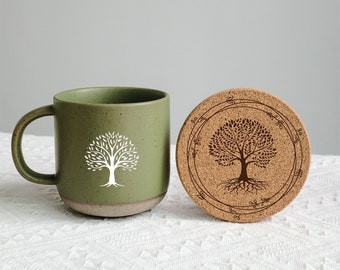 Tree of Life Mug Large Pottery Mug with Cork Coaster, Meditation Mug, Engraved Gift Yoga Mug, Yoga Gifts Spiritual Mugs, Nature Lover