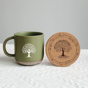 Tree of Life Mug Large Pottery Mug with Cork Coaster, Meditation Mug, Engraved Gift Yoga Mug, Yoga Gifts Spiritual Mugs, Nature Lover image 1