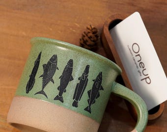 Engraved Fish Pottery Mug, Fisherman Gift, Ceramic Coffee Cup Father's day gift idea, Christmas Dad mug gift for PAPA BJ
