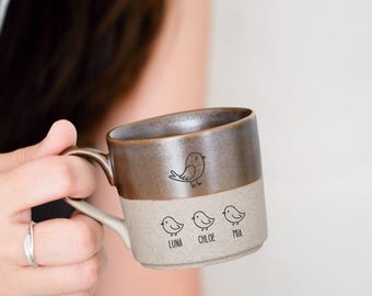 Custom Pottery Mama Bird Baby Birds Coffee Mug,Personalized Mothers Day Gift from Kids Name Mug,Gift for Her,Funny Cute Birds Mug NS