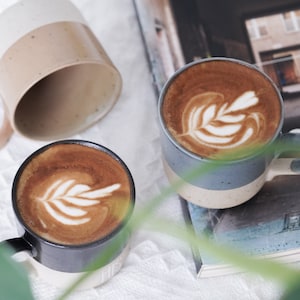 May include: Two ceramic mugs with latte art, one with a blue and white design and the other with a brown and white design. The mugs are sitting on a white surface with a book and green plants in the background.
