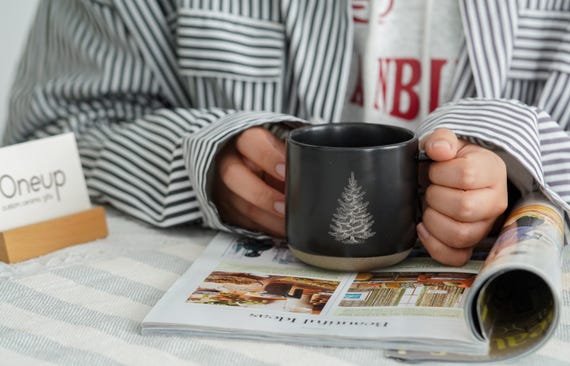 Pine Tree Pottery Mug, Engraved Tree Lover Gift, Rustic Coffee Mug, Farmhouse Mug Evergreen Mug, Evergreen Tree Mug Gift for Nature Lover ZT