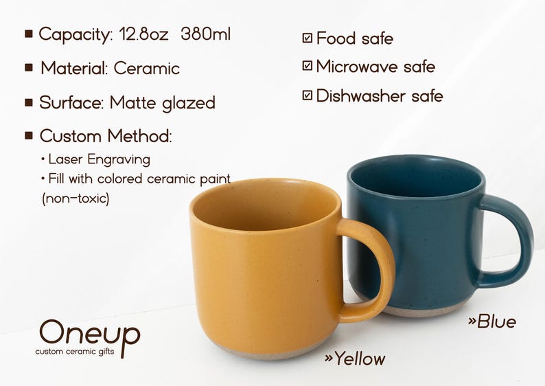 Pode incluir: Duas canecas de cer&acirc;mica, uma amarela e outra azul, com superf&iacute;cies foscas. Cada caneca tem capacidade para 380 ml. As canecas s&atilde;o seguras para micro-ondas e m&aacute;quina de lavar lou&ccedil;a, e s&atilde;o seguras para alimentos. Grava&ccedil;&atilde;o a laser personalizada.