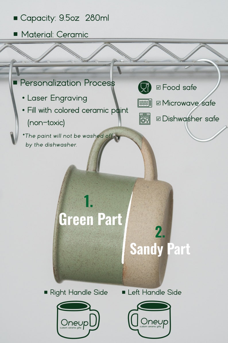 May include: A two-toned ceramic mug with a green and sandy color scheme. The mug has a capacity of 9.5oz (280ml) and is microwave and dishwasher safe. The mug features the text "Oneup custom ceramic gifts".