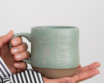 Custom Christian Engraved Coffee Mug, Custom Birth Flower God Says I Am Bible Verse Ceramic mug, Scripture Gift for Women, Religious Gift PD