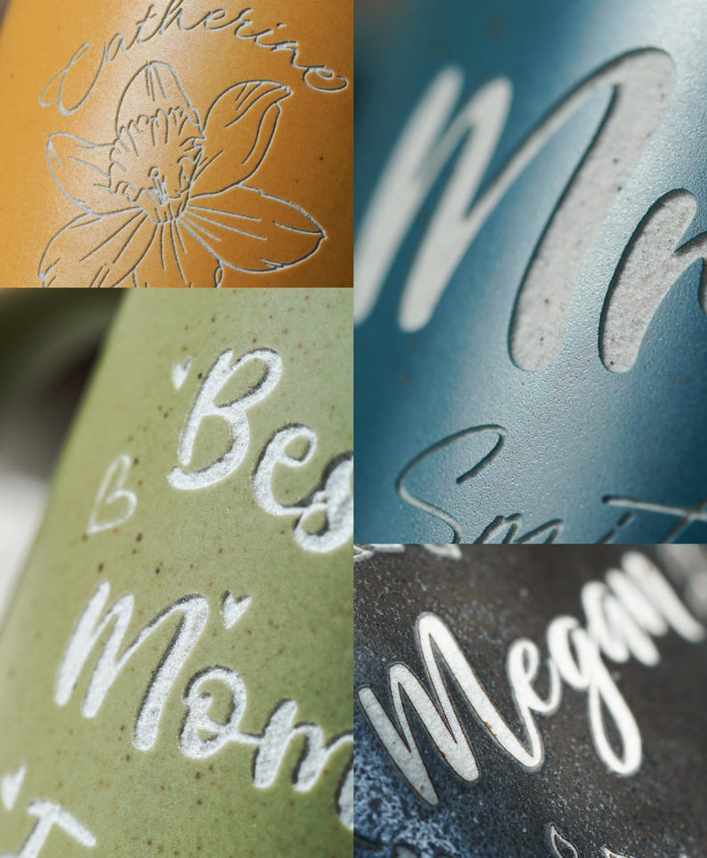 May include: Four different ceramic mugs with white lettering. The mugs are in various colors, including yellow, green, blue, and black. The lettering on the mugs includes the words "Gathering", "Best Mom", "Megan", and "Smith".