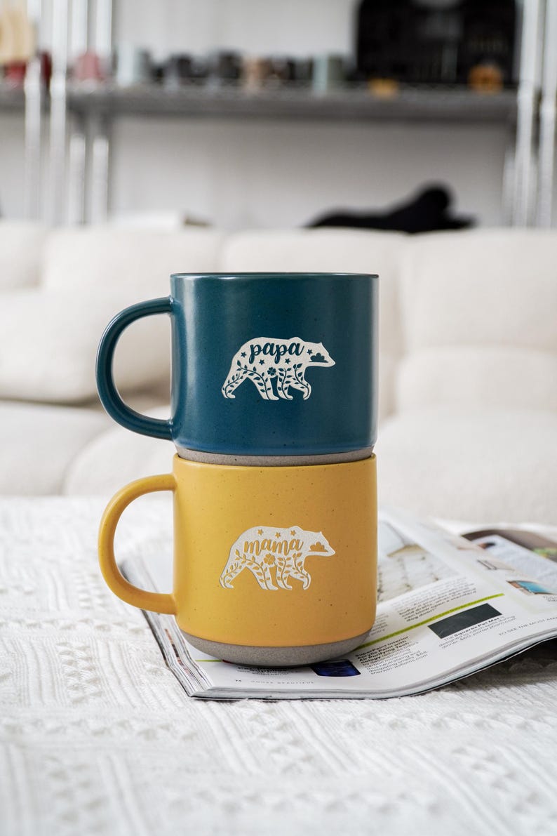 Mama Papa Bear Mugs, Mama Bear Mug for Mothers Day Gifts, Papa Bear Coffee Mug, Large Pottery Mug, Engraved Gift Ideas, Baby Shower Gift ZT image 1