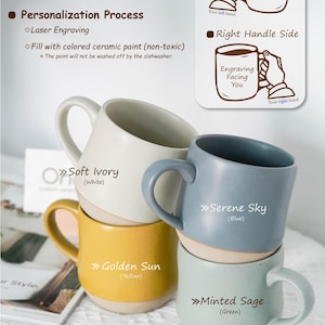 May include: Four ceramic mugs with different colored glazes. The mugs are stacked on top of each other. The colors are soft ivory, serene sky, golden sun, and minted sage. The mugs are 17.5 ounces or 520 milliliters. The mugs are dishwasher and microwave safe.