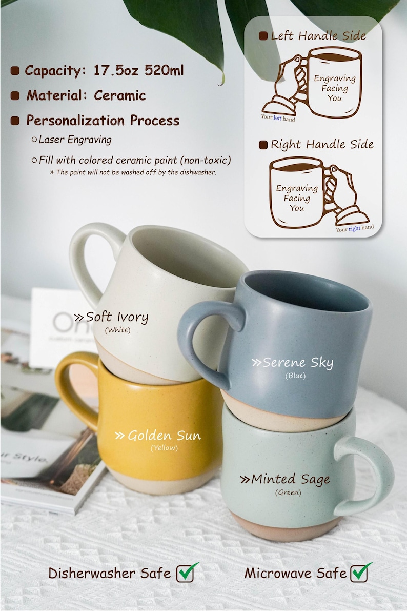 May include: Four ceramic mugs with different colored glazes. The mugs are stacked on top of each other. The colors are soft ivory, serene sky, golden sun, and minted sage. The mugs are 17.5 ounces or 520 milliliters. The mugs are dishwasher and microwave safe.