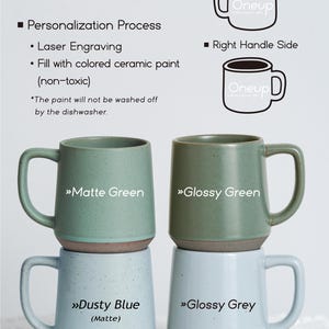 May include: Four ceramic mugs in matte and glossy finishes, in green and blue-grey hues. Each mug has a capacity of 12oz (350ml) and features a brown base. The mugs are food, microwave, and dishwasher safe. The text "Oneup" is visible on the mugs.