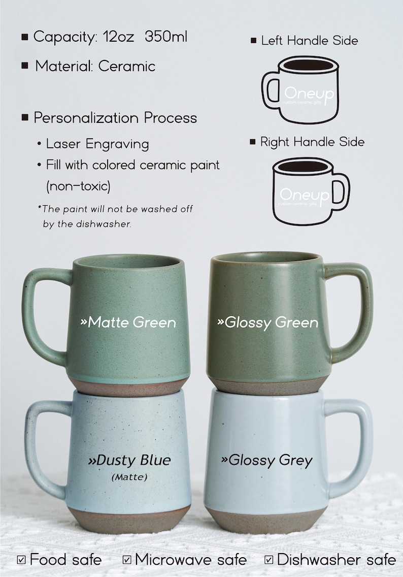 May include: Four ceramic mugs in matte and glossy finishes, in green and blue-grey hues. Each mug has a capacity of 12oz (350ml) and features a brown base. The mugs are food, microwave, and dishwasher safe. The text "Oneup" is visible on the mugs.