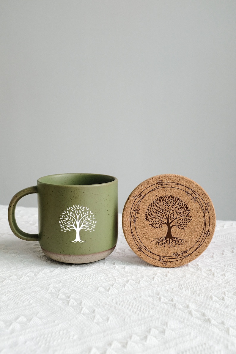 Tree of Life Mug Large Pottery Mug with Cork Coaster, Meditation Mug, Engraved Gift Yoga Mug, Yoga Gifts Spiritual Mugs, Nature Lover image 1
