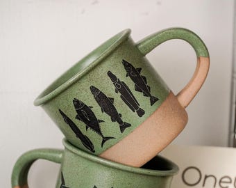 Engraved Fish Design Pottery Coffee Mug, Father's day Gift for DAD,Grandpa Christmas Gift idea for PAPA, Fisherman Dada Birthday Cup Gift BJ