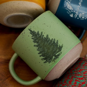Pine Tree Pottery Mug, Engraved Tree Lover Gift, Rustic Coffee Mug, Farmhouse Mug Evergreen Mug, Evergreen Tree Mug Gift for Nature Lover