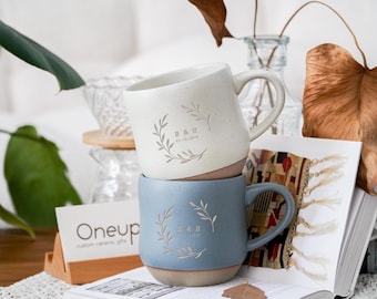 Personalized Couple Mugs, Engraved Pottery Coffee Mug Set, Anniversary Gift for Husband Wife, Custom Initial Mugs 9th Anniversary Gift PD