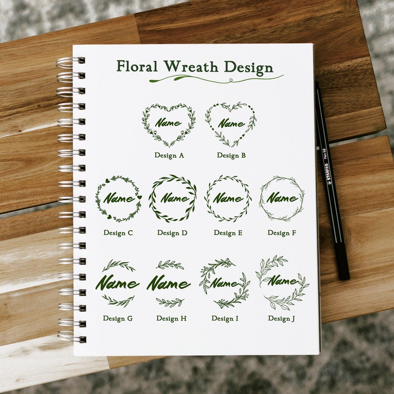 May include: A page from a notebook with 10 different floral wreath designs. Each design features a green wreath with the word "Name" written inside. The designs are labeled A through J.