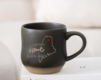 Our First Home Housewarming Gift , Personalized First Home Map Mug, New House Engraved Ceramic Coffee Mug, Moving Away Gift idea for him PD
