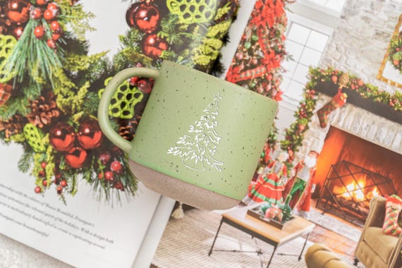 Pine Tree Pottery Mug, Christmas Tree Mug Gift for Family, Rustic Mug Tree Sketch Mug Christmas Gifts, Aesthetic MInimalist Mug for Her ZT