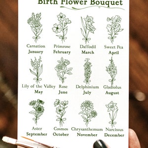May include: A white card featuring a floral design with the text "Birth Flower Bouquet". Each month is represented by a different flower, with its name and the month displayed below. The card is held by a person.