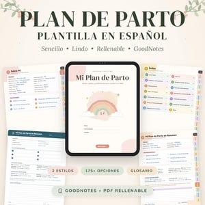 Può includere: Un modello digitale di piano del parto in spagnolo visualizzato sullo schermo di un tablet, circondato da diverse pagine del documento. Le pagine presentano sezioni per informazioni personali, preferenze e un indice, decorate con un arcobaleno.