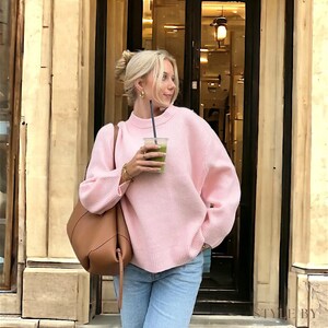 Womens Handmade Pink Knitted Loose Sweater Pullover Jumper - Elegant Womens Fashion