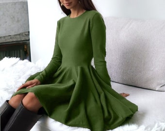 Womens Handmade Long Sleeve Short Solid Knit Dress - Elegant Womens Fashion