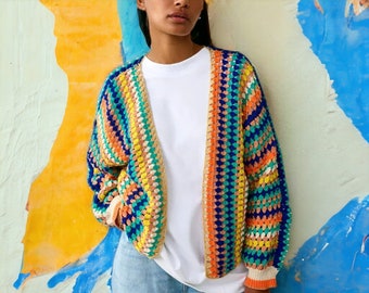 Pull cardigan tricoté au crochet à rayures colorées pour femme - Mode femme élégante