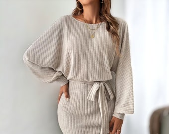 Womens Handmade Apricot Knitted Long Sleeve Tie Up Short Dress - Elegant Womens Fashion