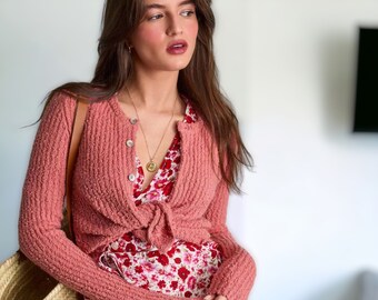 Womens Organic Cotton Pink Knitted Summer Slim Fit Cardigan - Elegant Womens Summer Fashion