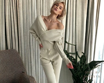 Womens Knitted Off Shoulder Two Piece Tracksuit Set - One Size - Elegant Womens Fashion