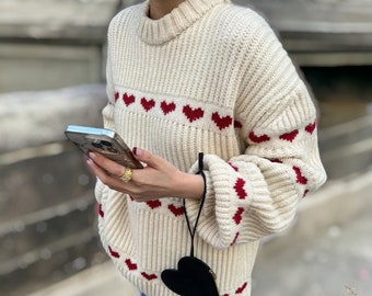 Damen Weiß Liebe Herz Gestrickt Dicke Lockere Gerippte Pullover Pullover - Plus Größen Enthalten - Elegante Damenmode