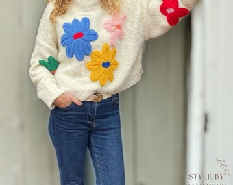 Womens Ivory Floral Colourful Knitted Loose Pullover Jumper Sweater - Elegant Womens Fashion