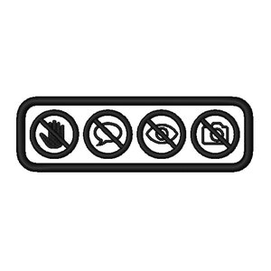 Puede incluir: Cuatro señales de prohibición en blanco y negro con un círculo y una línea que lo atraviesa. Las señales representan una mano, una burbuja de diálogo, un ojo y una cámara.