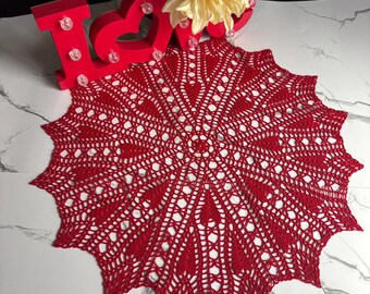 Red Doily: Heart accents, 20.5-Inch crocheted Table Decor, Valentines Day doily
