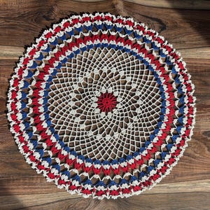 Round Red, White and Blue crocheted doily with red center, Patriotic Doily doily, perfect to display celebrations, Made to Order