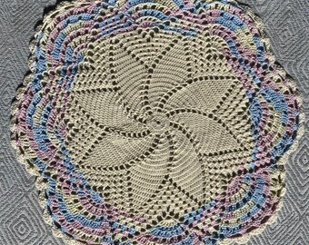 New handmade 13" Star doily pastel rainbow edges with light yellow center