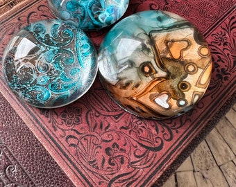 Aqua & copper fluid art paperweights, alcohol ink sealed under glass, gift for Mom, Dad, Grad, coffee table decor, each sold separately