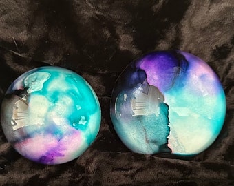 Aqua & purple fluid art paperweights, alcohol ink sealed under glass, gift for Mom, Dad, Grad, coffee table decor, each sold separately