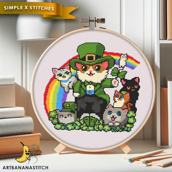 Lepre-Cat's Lucky Crew Cross Stitch (PDF Download ONLY), beginner-friendly, St. Patrick's Day, shamrocks, cute, festive