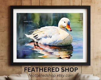 Colorful Goose PNG Watercolor Print, Colorful Male Goose On Pond Printable, Geese Water Color Art Digital Download, Landscape PNG File