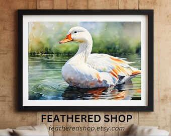 Goose Watercolor PNG Print, Colorful Male Goose On Pond Printable, Geese Water Color Art Digital Download, Landscape PNG File