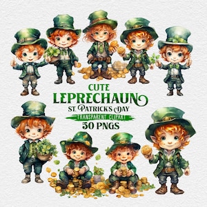 Leprechaun Watercolor PNG Clipart, Printable DIY Saint Patrick&#39;s Day Art, Shamrock Watercolor Clipart for Commercial Use.