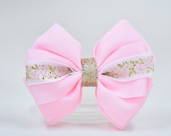 Floral hair bow-Pink and gold-spring bow-alligator clip-3.5 inch bow