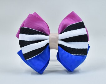 Hair bow-Gab-blue-black and white stripes-hair clip-3.5 inch bow
