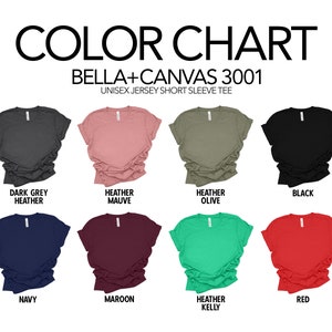 Pode incluir: Carta de cores para t-shirts de manga curta em jersey unissex Bella + Canvas 3001. A carta mostra 10 cores diferentes: cinza escuro mesclado, malva mesclado, oliva mesclado, preto, azul marinho, bord&ocirc;, kelly mesclado, vermelho, branco e rosa claro.