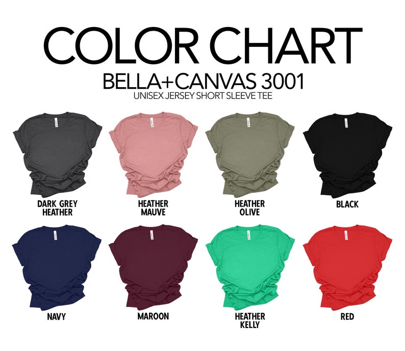 Pode incluir: Carta de cores para t-shirts de manga curta em jersey unissex Bella + Canvas 3001. A carta mostra 10 cores diferentes: cinza escuro mesclado, malva mesclado, oliva mesclado, preto, azul marinho, bord&ocirc;, kelly mesclado, vermelho, branco e rosa claro.