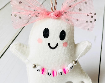 Personalized Felt Ghost Ornament, Beaded Halloween Decoration, Personalized Halloween, Halloween Gifts, Halloween Decor, Pinkoween